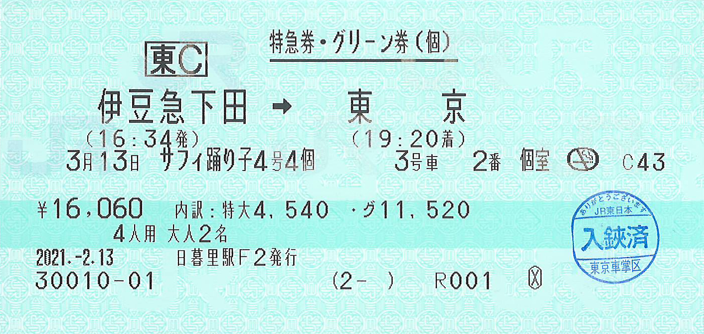 伊豆急下田駅から東京駅ゆきグリーン券