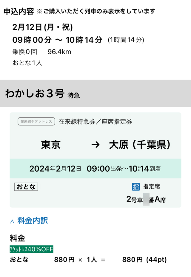 東京駅から大原駅ゆき特急券