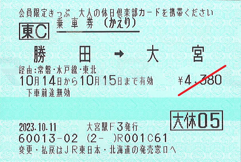 勝田駅から大宮駅ゆき普通乗車券