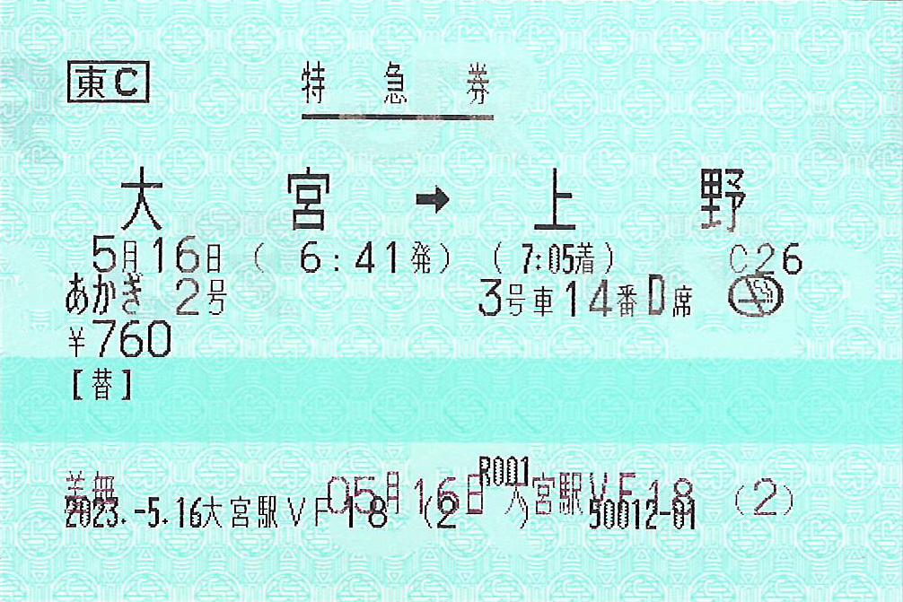 大宮駅から上野駅ゆき特急券