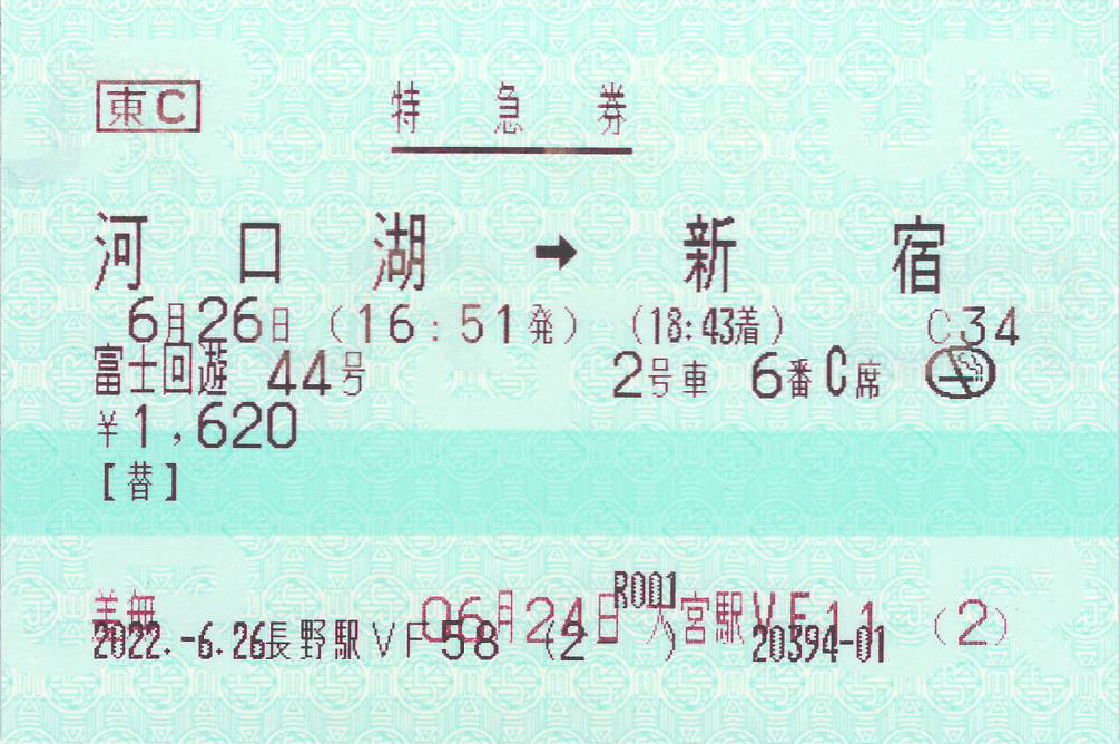 河口湖駅から新宿駅ゆき特急券