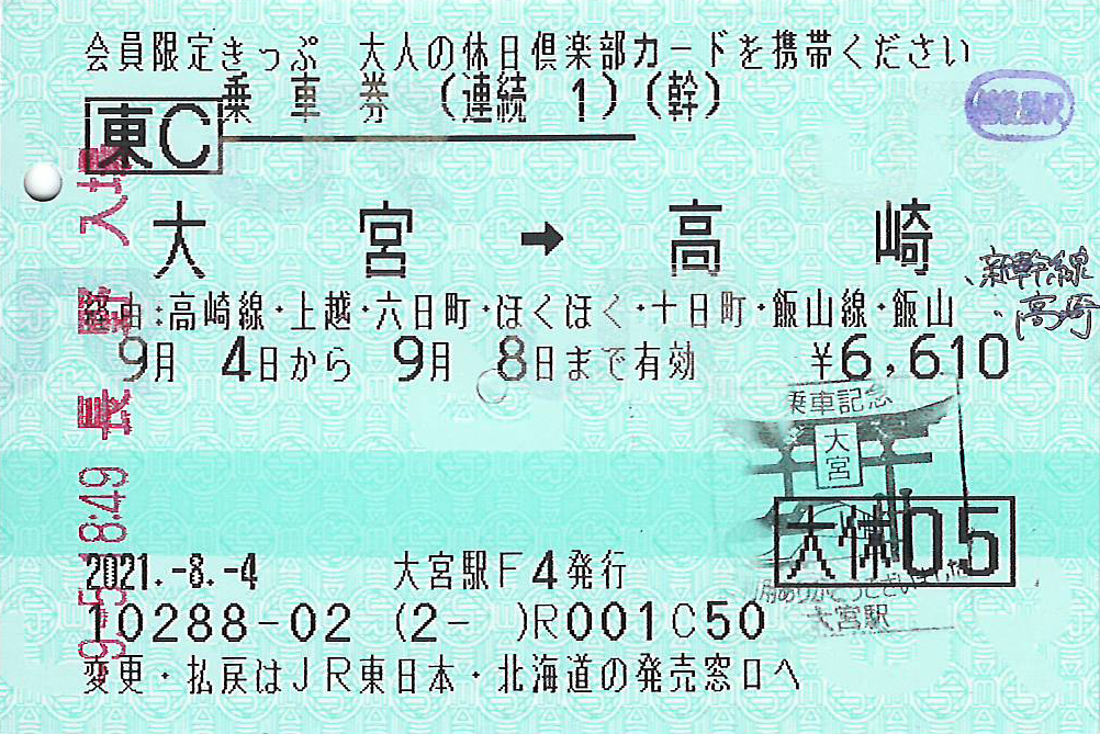 大宮駅から高崎駅ゆき連続乗車券