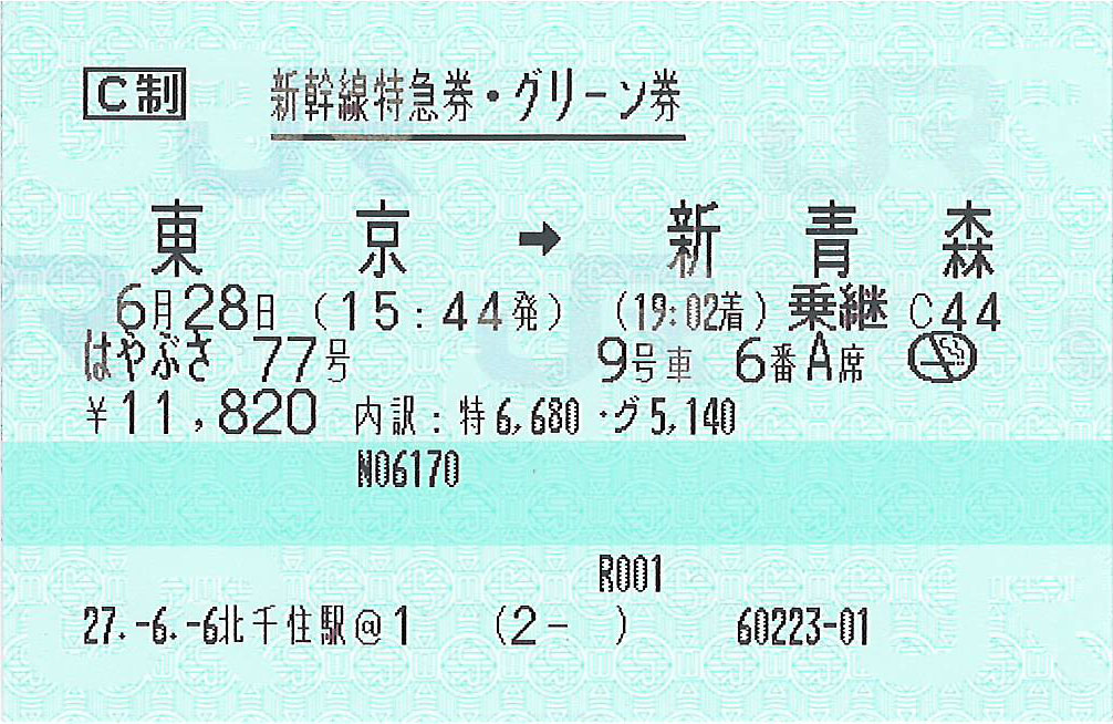 東京駅から新青森駅ゆき新幹線特急券